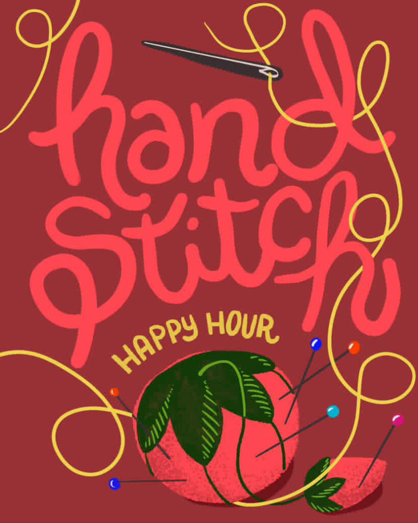 Red graphic for hand stitch happy hour